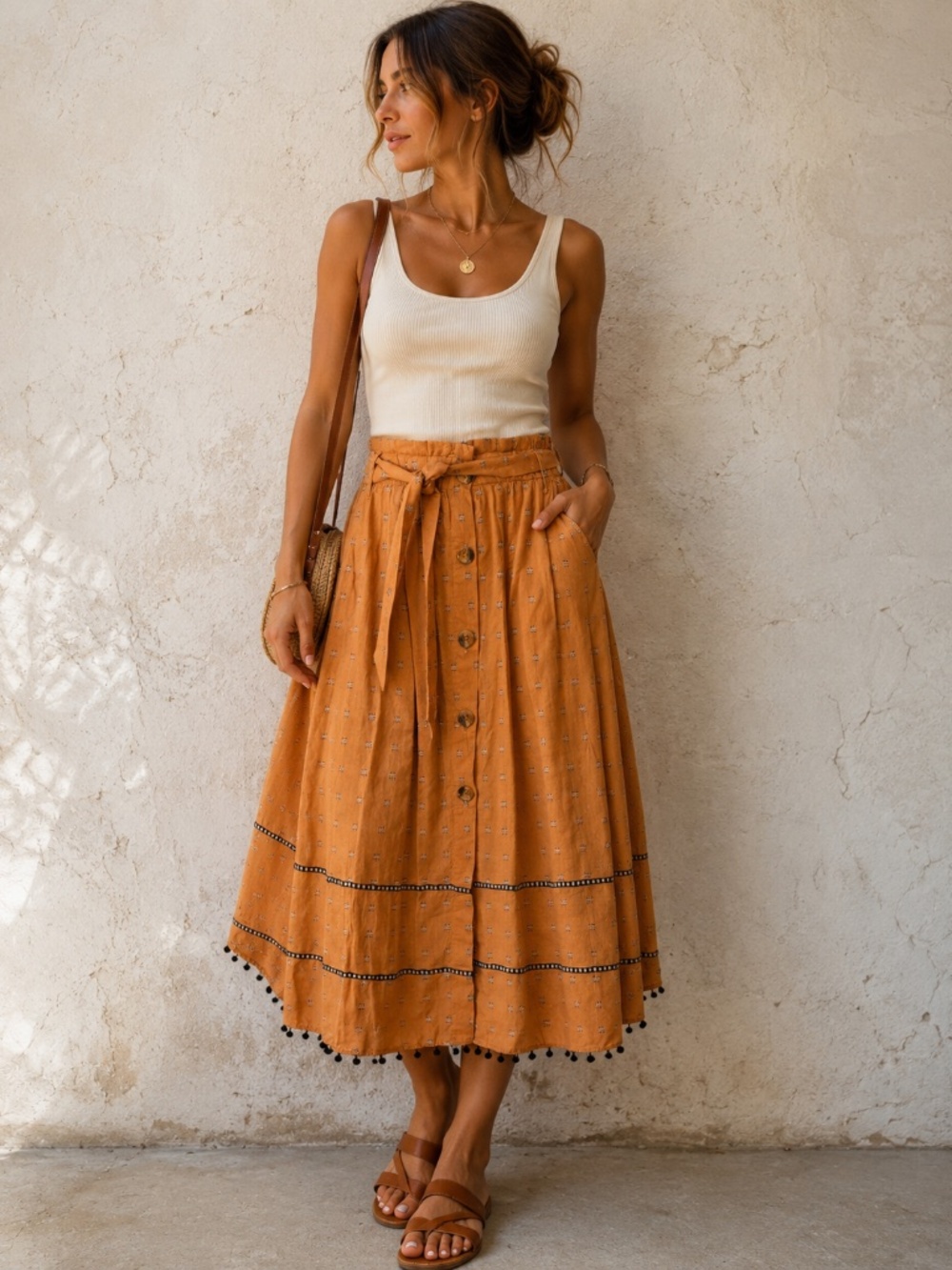 Ochre Boho Midi Skirt Button Front Elastic Waist Geometric Print Pom Pom Trim